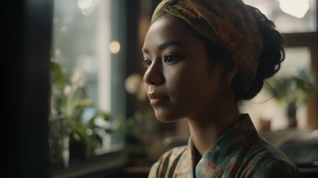 Portrait of a beautiful Asian woman with headscarf looking awayの素材