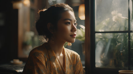 beautiful asian woman in kimono looking out the windowの素材