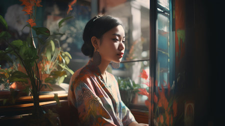 Portrait of a beautiful asian woman in a cafe with flowers.の素材