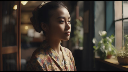 Portrait of a beautiful Asian woman in a cafe, looking awayの素材