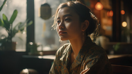 Portrait of a beautiful young asian woman in a cafe.の素材