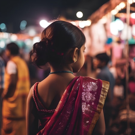 Rear view of indian woman wearing sari at night.の素材