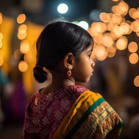 indian girl in sari at night with beautiful bokehの素材