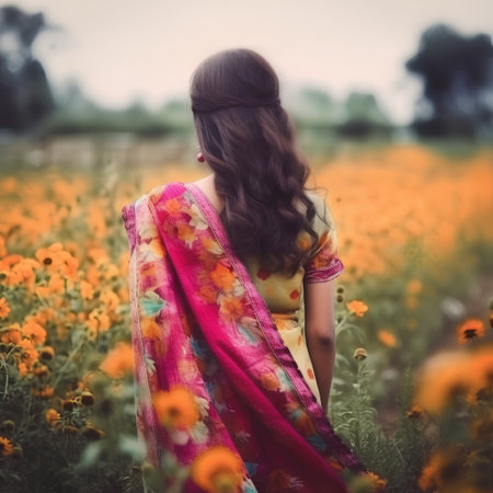 Young beautiful indian woman in saree on the field of flowersの素材