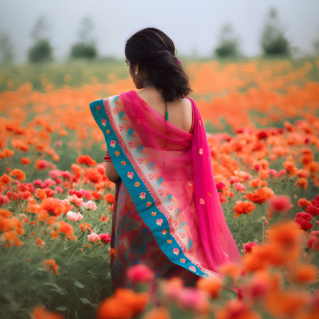 Beautiful indian woman in traditional saree standing in poppy fieldの素材