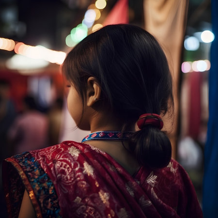 Rear view of Asian woman in sari looking at night marketの素材