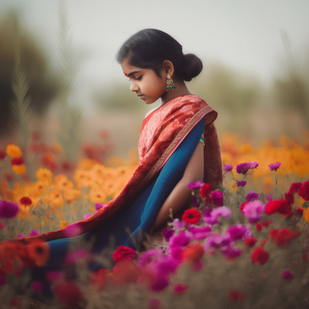 indian girl in saree with poppies field at sunsetの素材