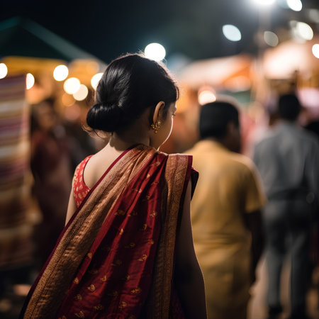 Rear view of indian woman in sari at night marketの素材