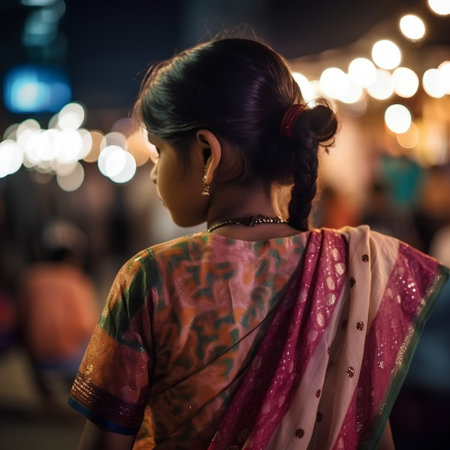 Young indian woman wearing sari in the street at night.の素材
