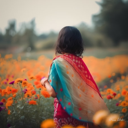 Beautiful indian woman in sari walking in the field of flowersの素材