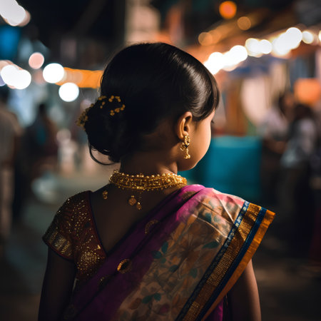 Young indian woman in traditional clothes at night market in India.の素材