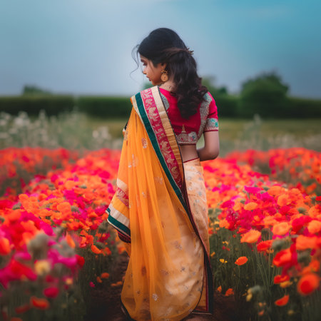 Beautiful indian woman in traditional sari walking in poppy fieldの素材