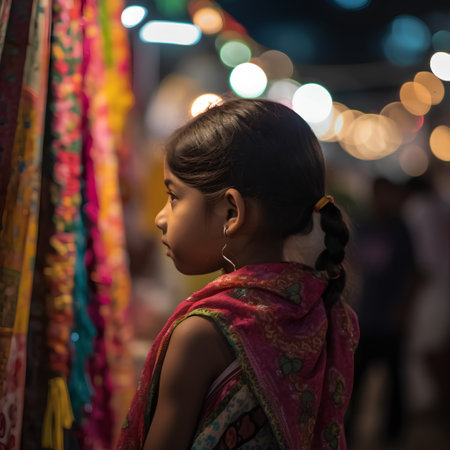 Indian girl looking at the night market in Kolkata, Indiaの素材