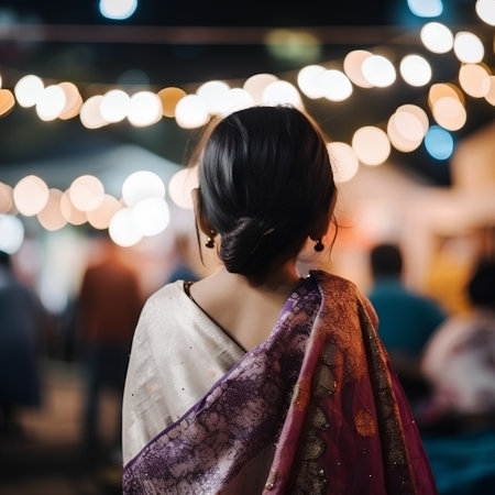 Young indian woman in sari at night market, back viewの素材