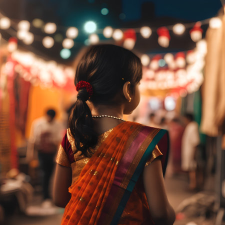 Young indian woman in saree at night, back view.の素材