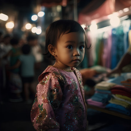 Little asian girl in the street market, Bangkok, Thailand.の素材