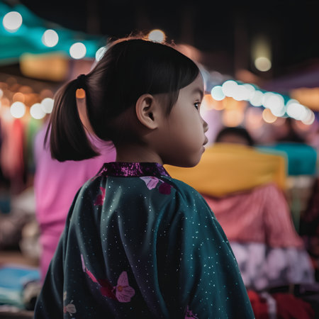 Little girl in kimono at the night market in Thailand.の素材