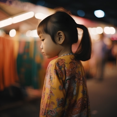Little asian girl looking at the night market in bangkok thailandの素材
