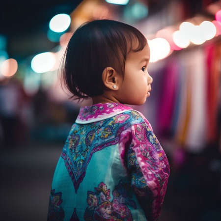 Cute asian baby girl standing in the street at night.の素材