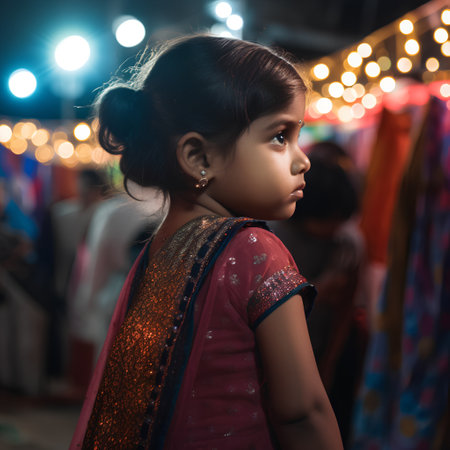 Beautiful indian little girl in traditional clothes standing at night marketの素材