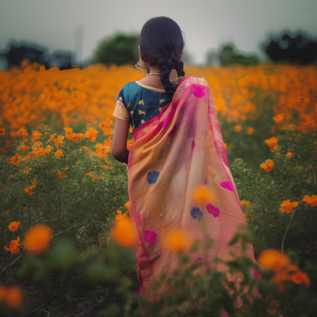 Indian girl in saree on the field of blooming poppiesの素材