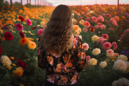 Back view of beautiful young woman with long curly hair standing in blooming dahlia field.の素材