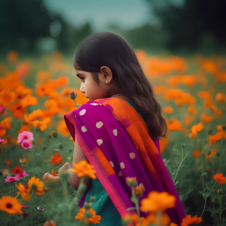 Indian little girl in traditional sari standing in poppies fieldの素材