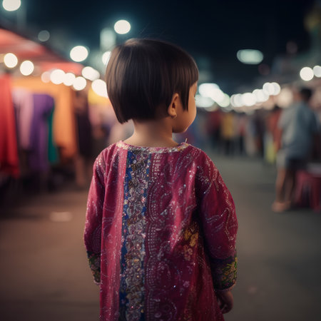 Little asian girl walking at night market in Bangkok, Thailand.の素材