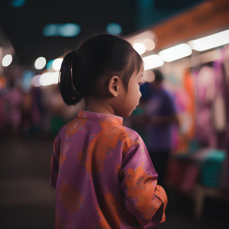 Little asian girl walking at night market, vintage color tone.の素材