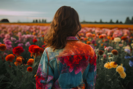 Young woman in a field of red and orange flowers at sunset.の素材