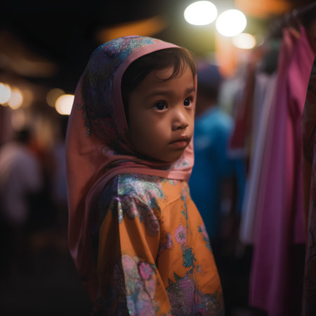 Asian muslim little girl at night in the market, Thailand.の素材