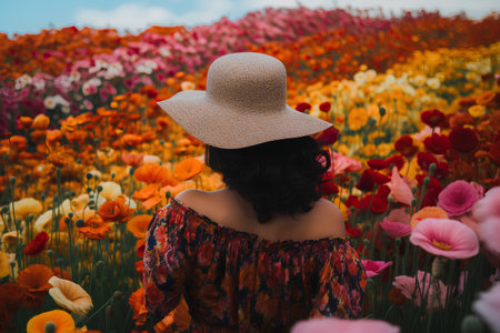 Beautiful girl in a poppy field. A girl in a straw hat looks at the flowers.の素材