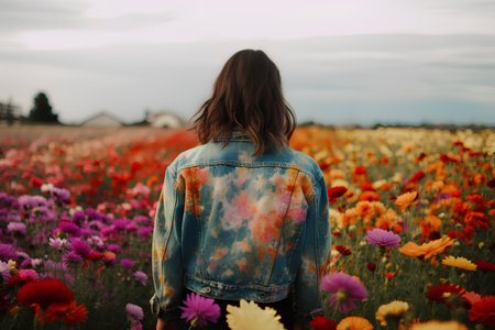 Girl in a field of flowers with her back to the camera.の素材