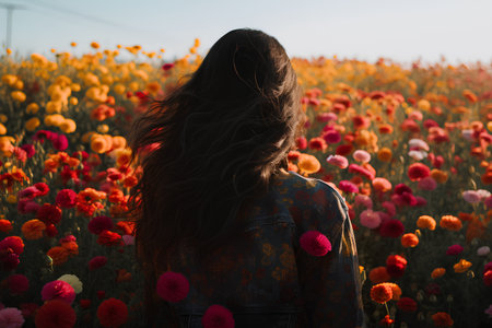 Back view of a girl with long hair in a field of poppiesの素材