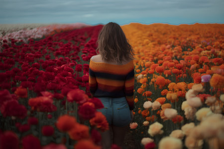 Beautiful girl in a field full of red and yellow flowers.の素材