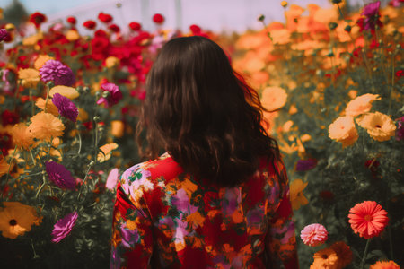 Girl in a field of flowers. Young woman in a field of flowersの素材