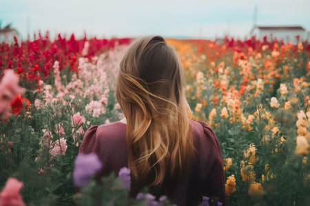Young beautiful girl with long hair in a field of colorful flowers.の素材