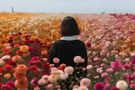 Beautiful asian woman standing in a field of blooming flowersの素材