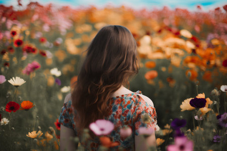 Young woman in the field of poppies. Back view.の素材