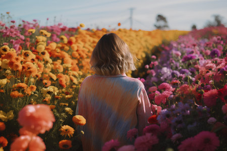 Young woman in the field of flowers. Girl in the flower field.の素材