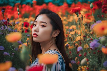 Portrait of a beautiful asian woman in the field of poppiesの素材