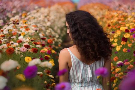 Beautiful young woman in a field of flowers, back view.の素材