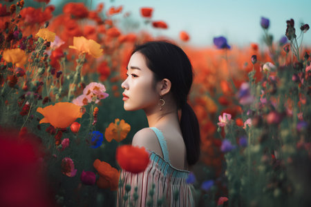 Beautiful young asian woman in poppy field. Spring flowers.の素材