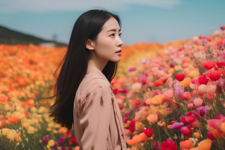 beautiful asian girl in the field of poppies.の素材