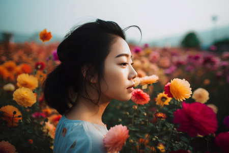 Portrait of beautiful asian woman with dahlia flower fieldの素材