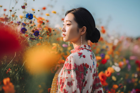 Portrait of a beautiful asian woman in a field of flowersの素材
