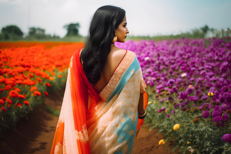 Beautiful indian woman in saree at field of red flowersの素材