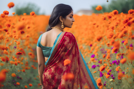 Beautiful indian woman in saree and sari posing in poppy fieldの素材