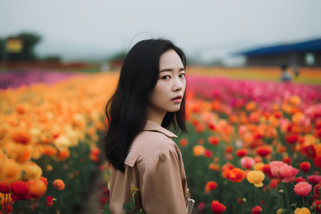 Beautiful asian girl walking in the field of tulip flowersの素材