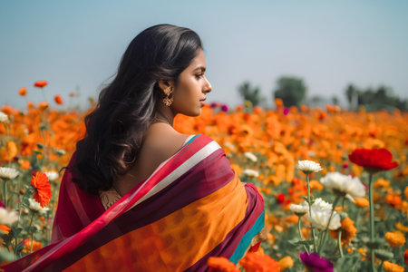 Beautiful indian girl in saree on field of blooming poppiesの素材